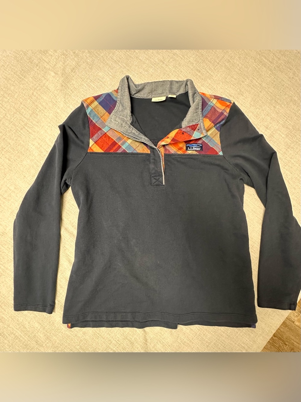 LL Bean Signature Plaid Yoke Rugby Henley Pullover Sweatshirt Large L